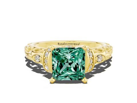 Yellow gold Princess Cut Green Sapphire Solitaire Ring with Filigree Band and Four-Prong Setting_24