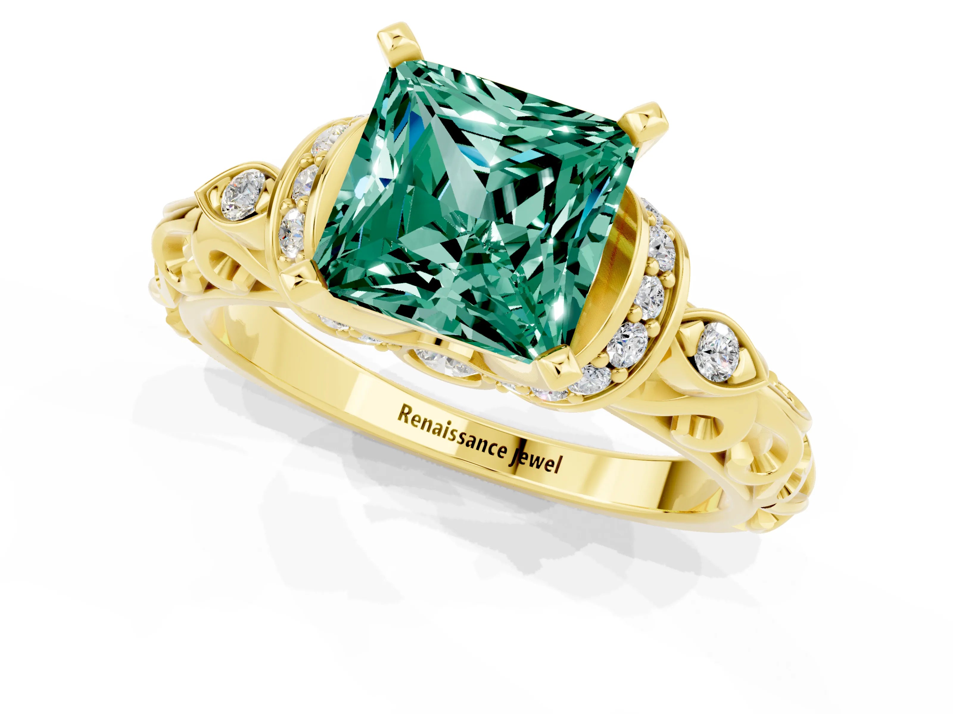 Yellow gold Princess Cut Green Sapphire Solitaire Ring with Filigree Band and Four-Prong Setting_25