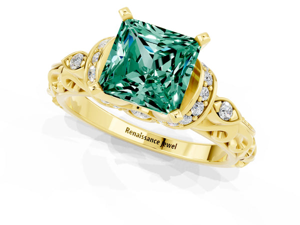 Yellow gold Princess Cut Green Sapphire Solitaire Ring with Filigree Band and Four-Prong Setting