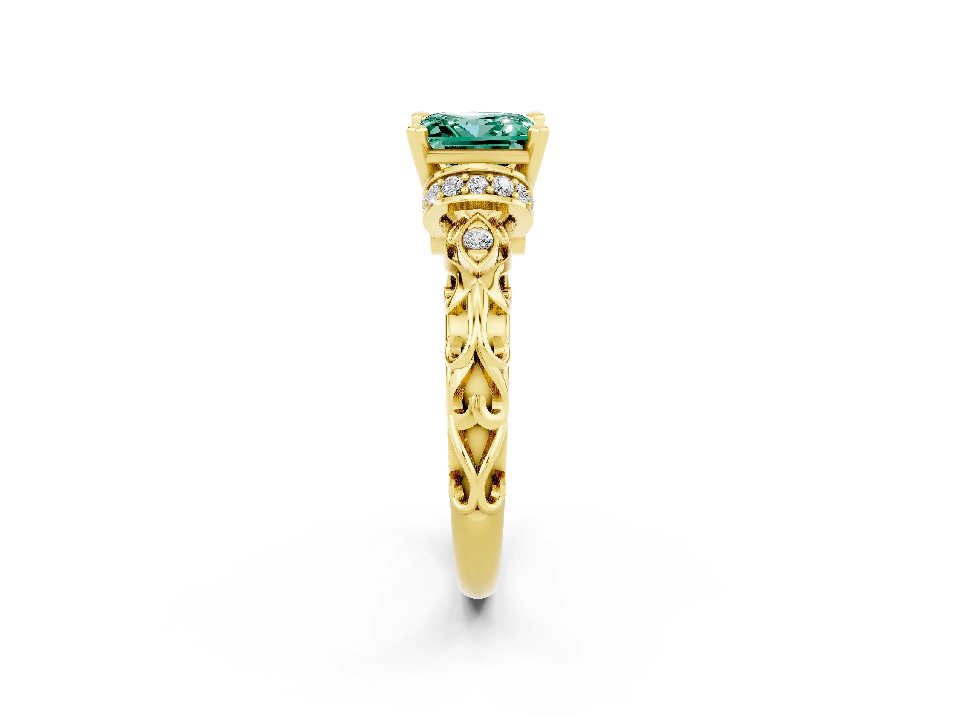 Yellow gold Princess Cut Green Sapphire Solitaire Ring with Filigree Band and Four-Prong Setting_26