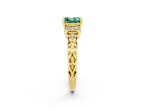 Yellow gold Princess Cut Green Sapphire Solitaire Ring with Filigree Band and Four-Prong Setting