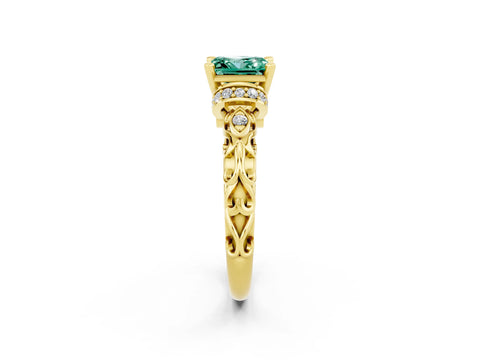 Yellow gold Princess Cut Green Sapphire Solitaire Ring with Filigree Band and Four-Prong Setting_26