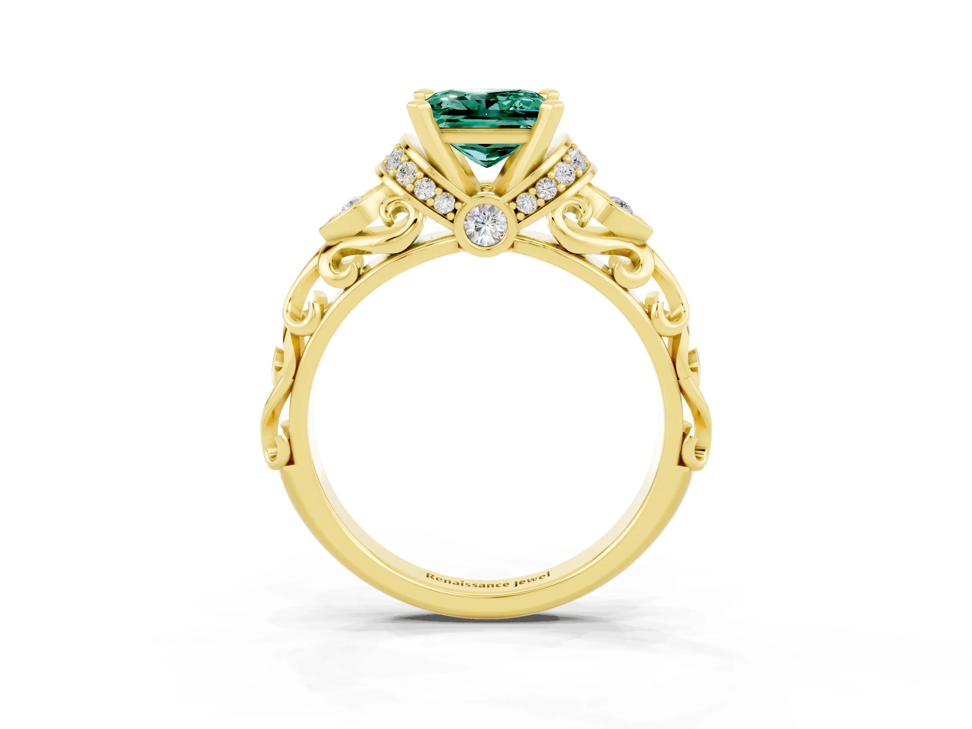 Yellow gold Princess Cut Green Sapphire Solitaire Ring with Filigree Band and Four-Prong Setting_27