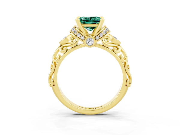 Yellow gold Princess Cut Green Sapphire Solitaire Ring with Filigree Band and Four-Prong Setting