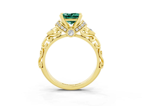 Yellow gold Princess Cut Green Sapphire Solitaire Ring with Filigree Band and Four-Prong Setting_27