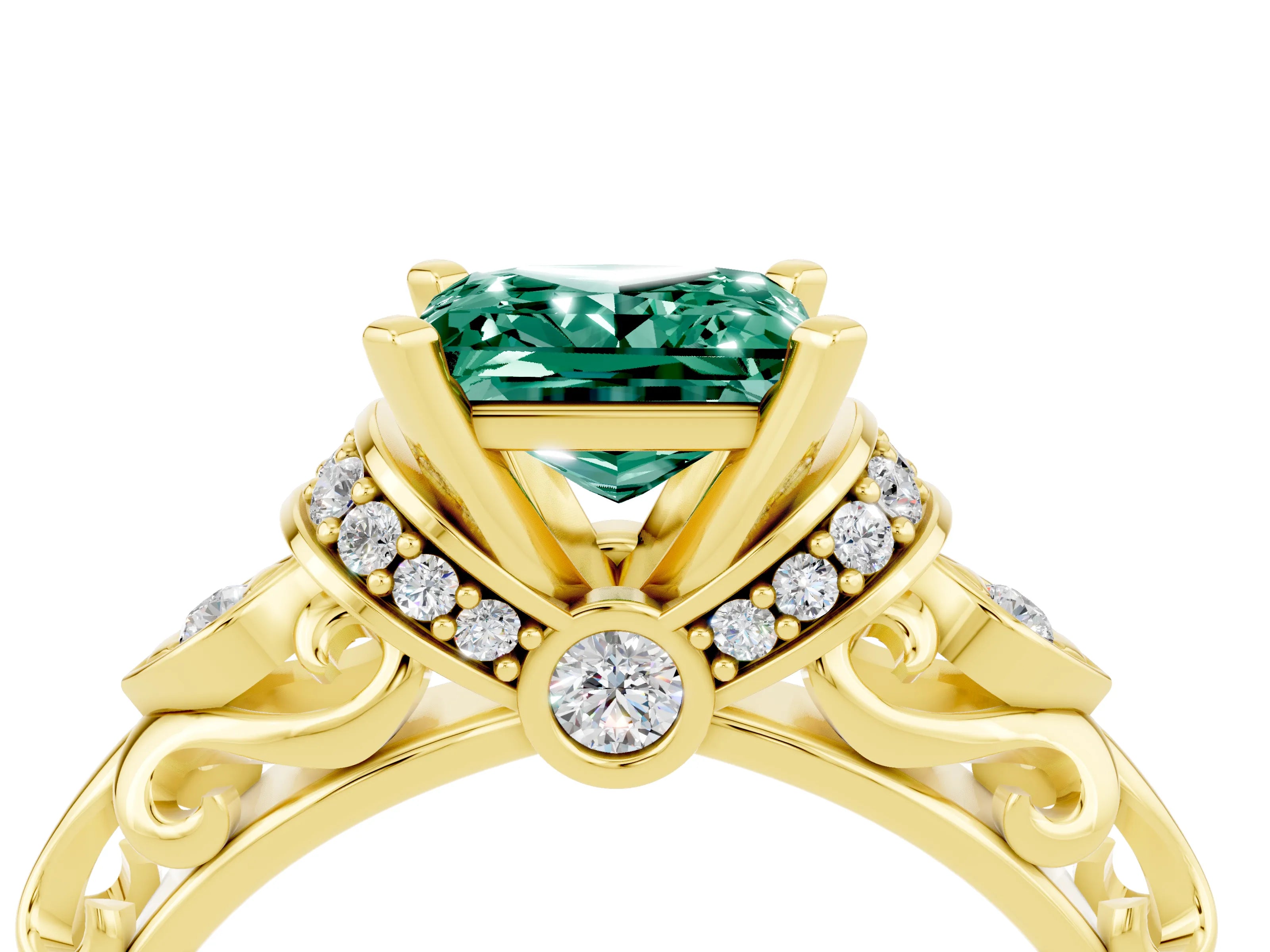 Yellow gold Princess Cut Green Sapphire Solitaire Ring with Filigree Band and Four-Prong Setting_28