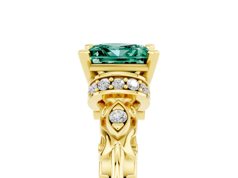 Yellow gold Princess Cut Green Sapphire Solitaire Ring with Filigree Band and Four-Prong Setting_29