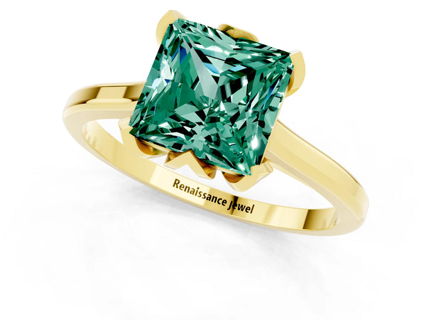 Yellow gold Princess Cut Green Sapphire Solitaire Ring with Flower Prong Setting and Classic Band