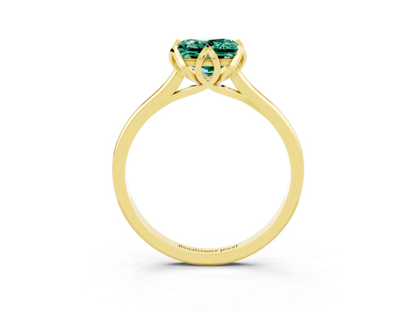 Yellow gold Princess Cut Green Sapphire Solitaire Ring with Flower Prong Setting and Classic Band