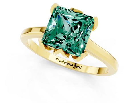 Yellow gold Princess Cut Green Sapphire Solitaire Ring with Flower Prong Setting and Classic Band_37