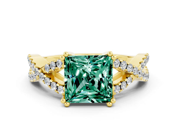 Yellow gold Princess Cut Green Sapphire Solitaire Ring with Four-Prong Setting and Twisted Pavé Band