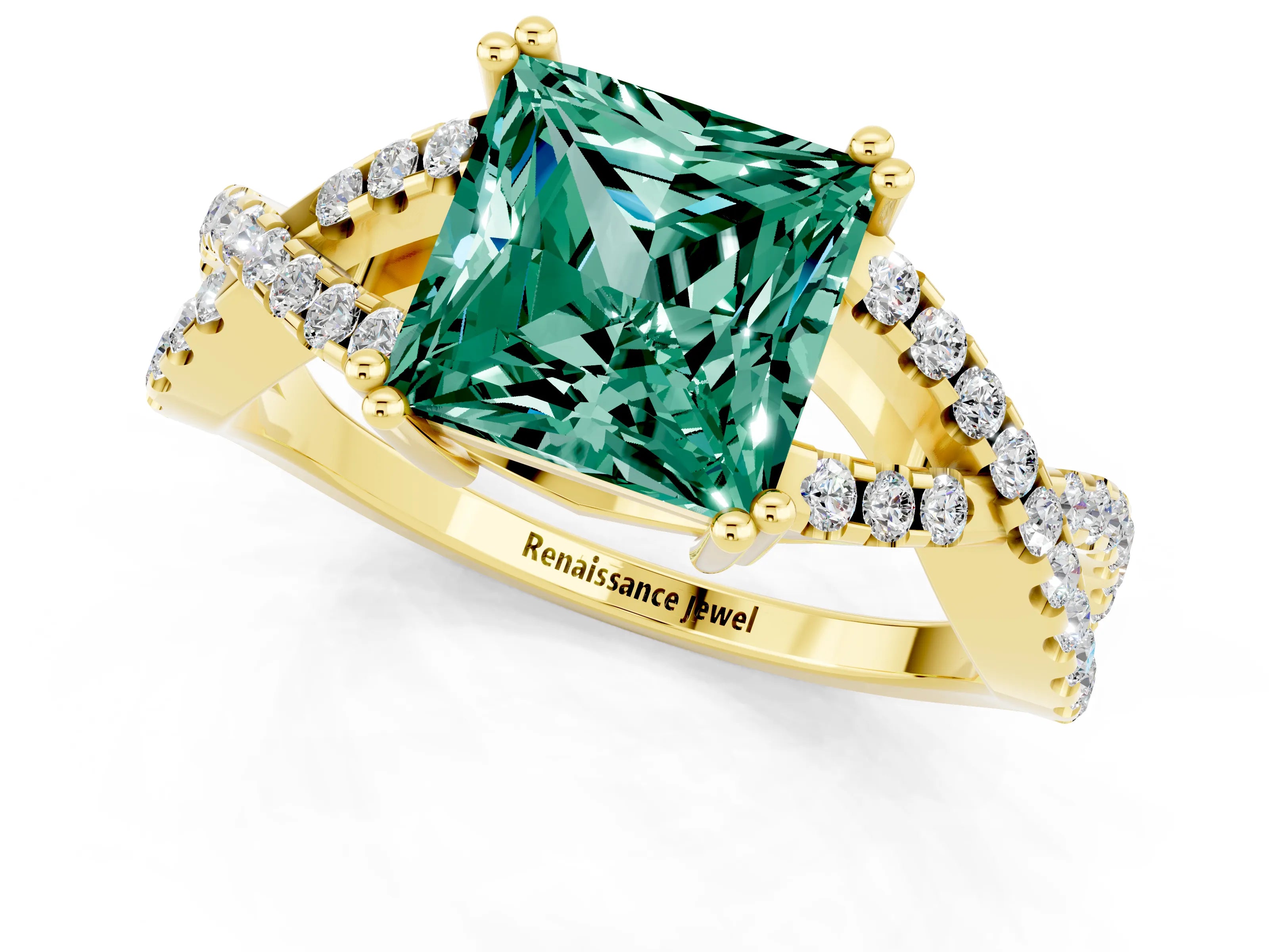 Yellow gold Princess Cut Green Sapphire Solitaire Ring with Four-Prong Setting and Twisted Pavé Band_1