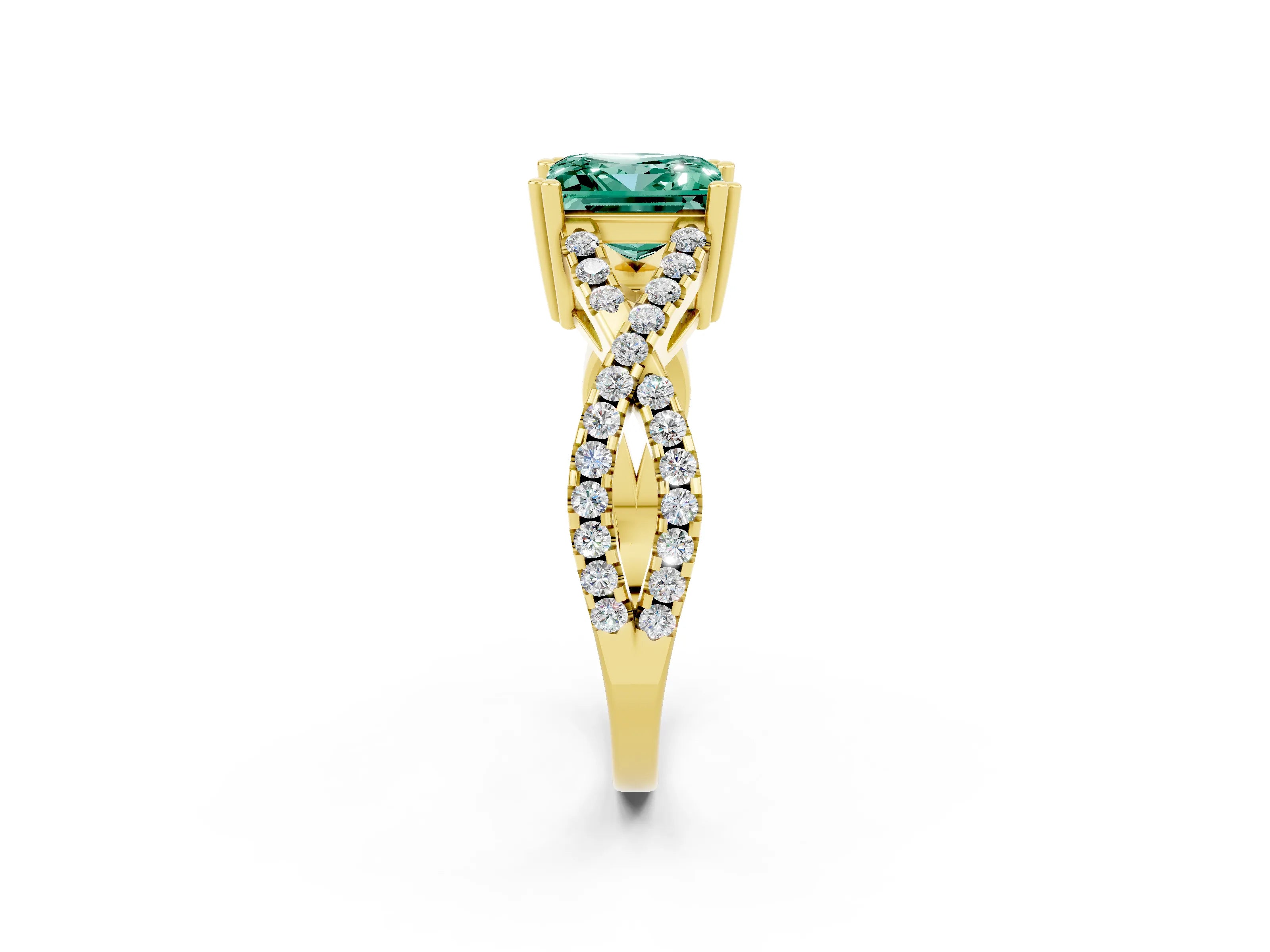 Yellow gold Princess Cut Green Sapphire Solitaire Ring with Four-Prong Setting and Twisted Pavé Band_2