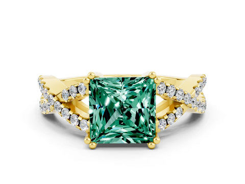 Yellow gold Princess Cut Green Sapphire Solitaire Ring with Four-Prong Setting and Twisted Pavé Band