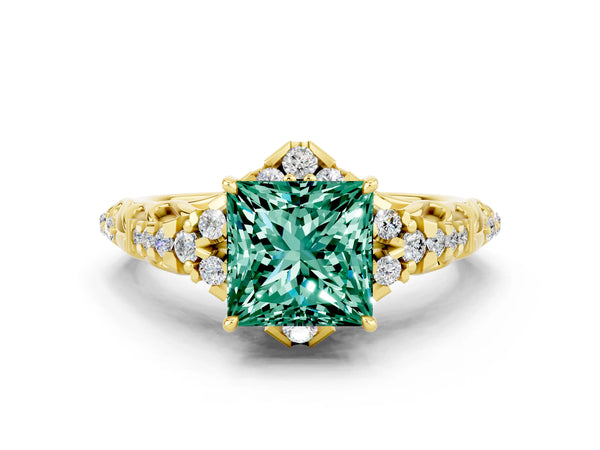 Yellow gold Princess Cut Green Sapphire Solitaire Ring with Hidden Halo and Pavé Band