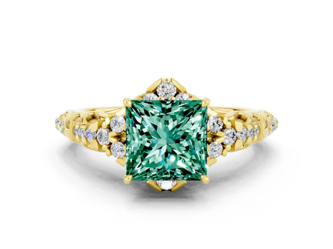 Yellow gold Princess Cut Green Sapphire Solitaire Ring with Hidden Halo and Pavé Band_12