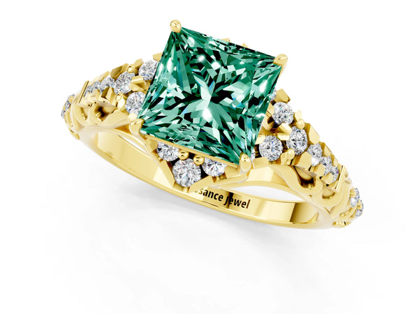Yellow gold Princess Cut Green Sapphire Solitaire Ring with Hidden Halo and Pavé Band