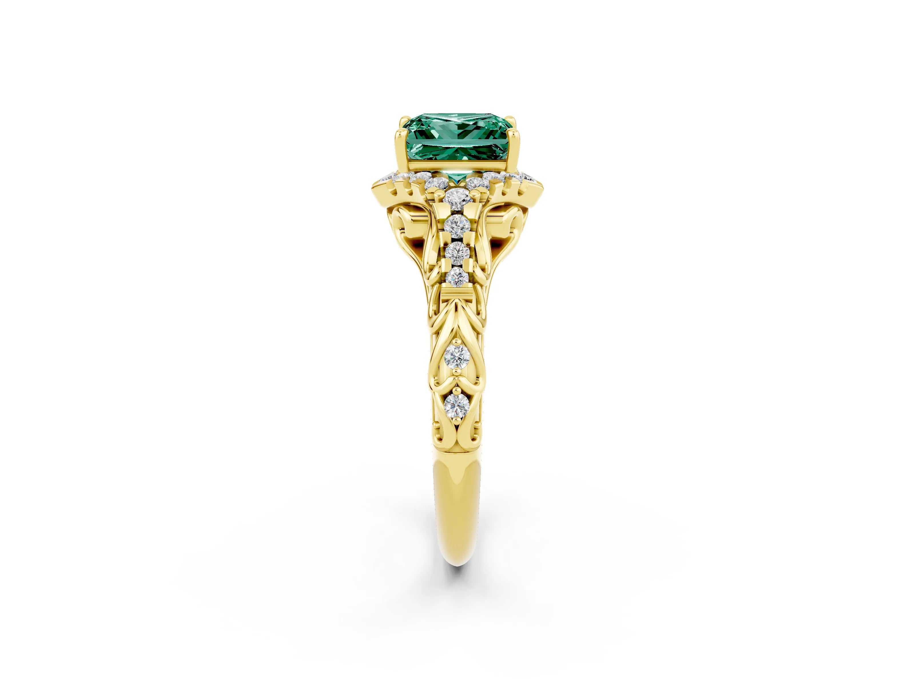 Yellow gold Princess Cut Green Sapphire Solitaire Ring with Hidden Halo and Pavé Band_14