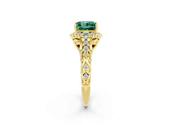 Yellow gold Princess Cut Green Sapphire Solitaire Ring with Hidden Halo and Pavé Band