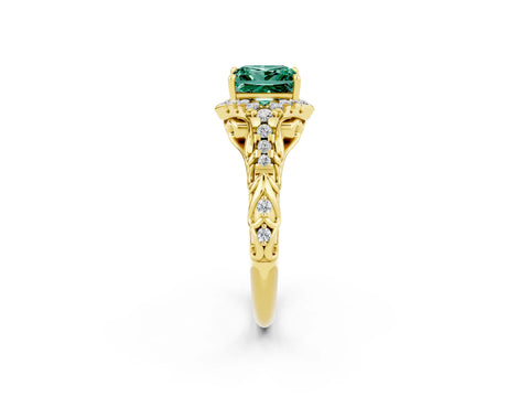 Yellow gold Princess Cut Green Sapphire Solitaire Ring with Hidden Halo and Pavé Band_14