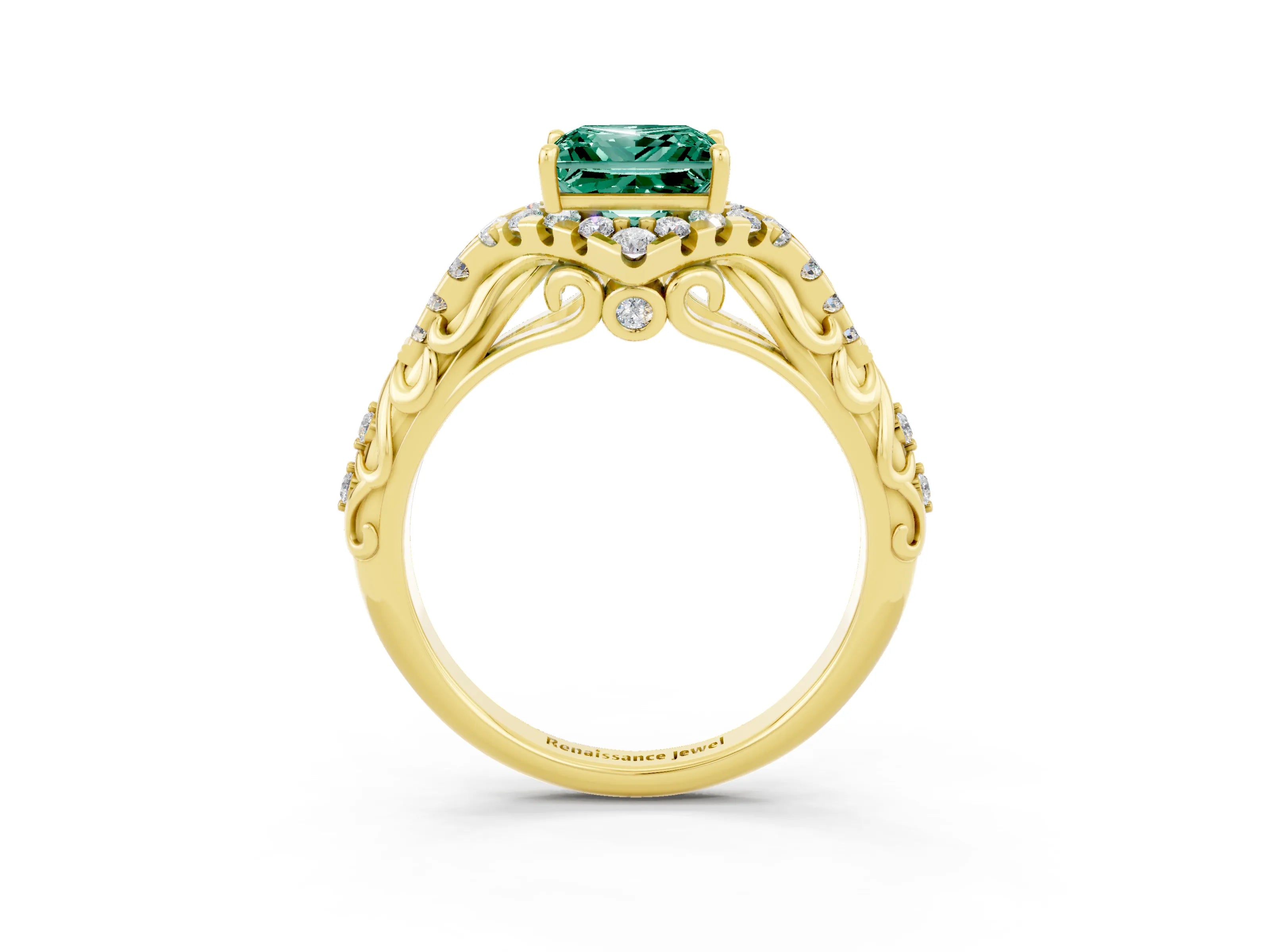 Yellow gold Princess Cut Green Sapphire Solitaire Ring with Hidden Halo and Pavé Band_15