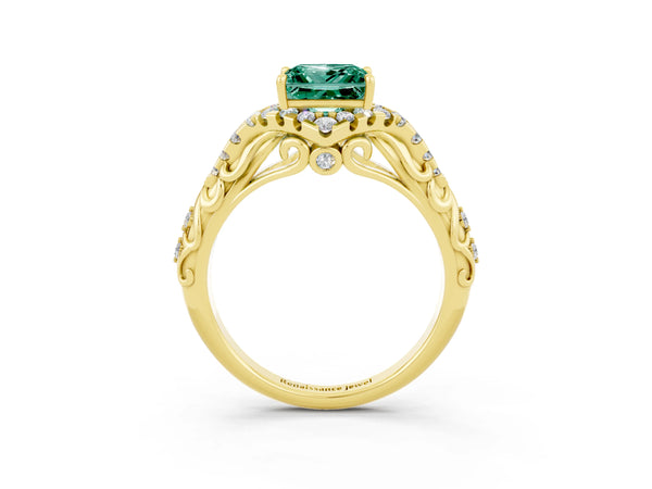 Yellow gold Princess Cut Green Sapphire Solitaire Ring with Hidden Halo and Pavé Band