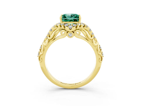 Yellow gold Princess Cut Green Sapphire Solitaire Ring with Hidden Halo and Pavé Band_15