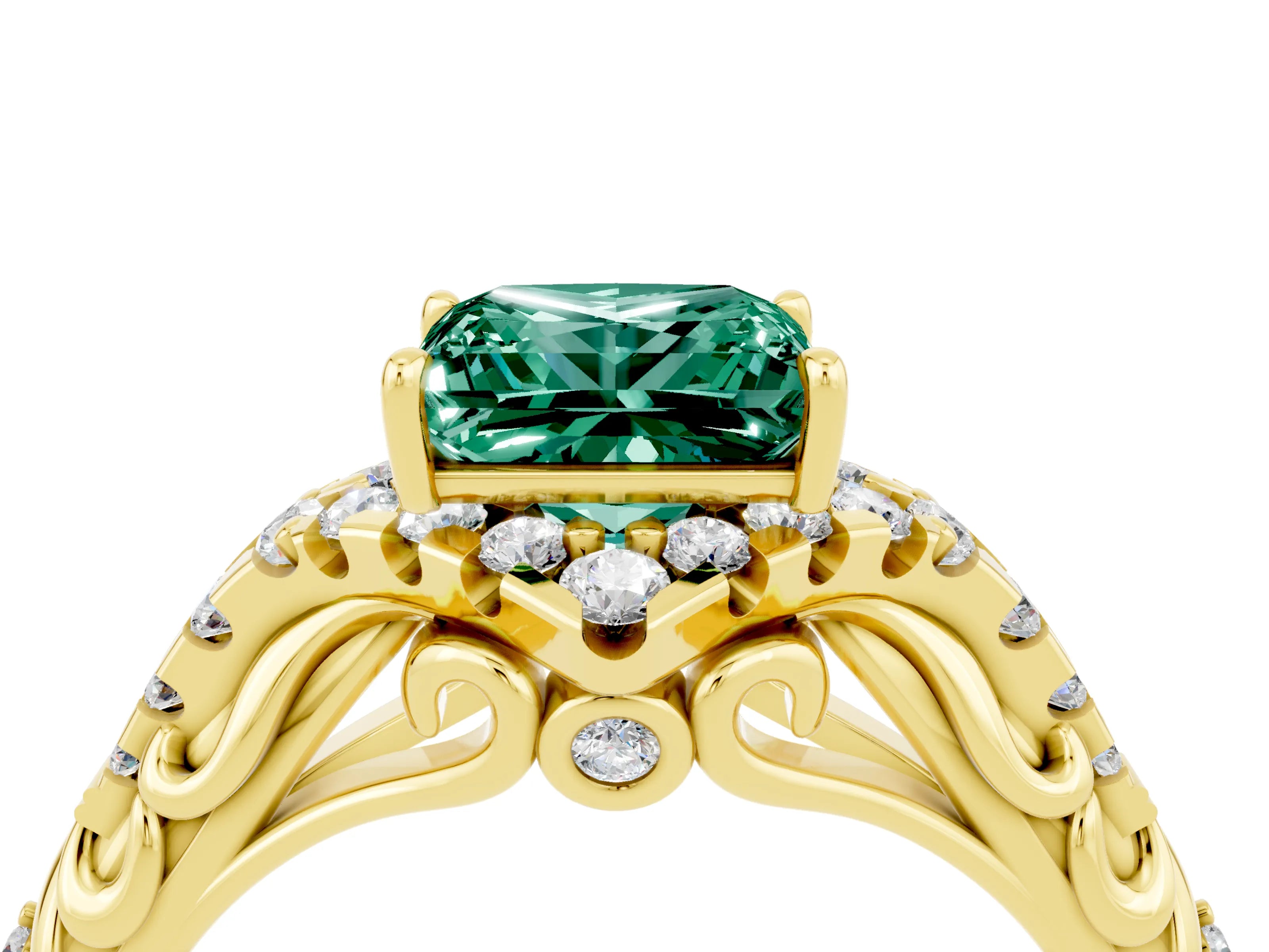 Yellow gold Princess Cut Green Sapphire Solitaire Ring with Hidden Halo and Pavé Band_16