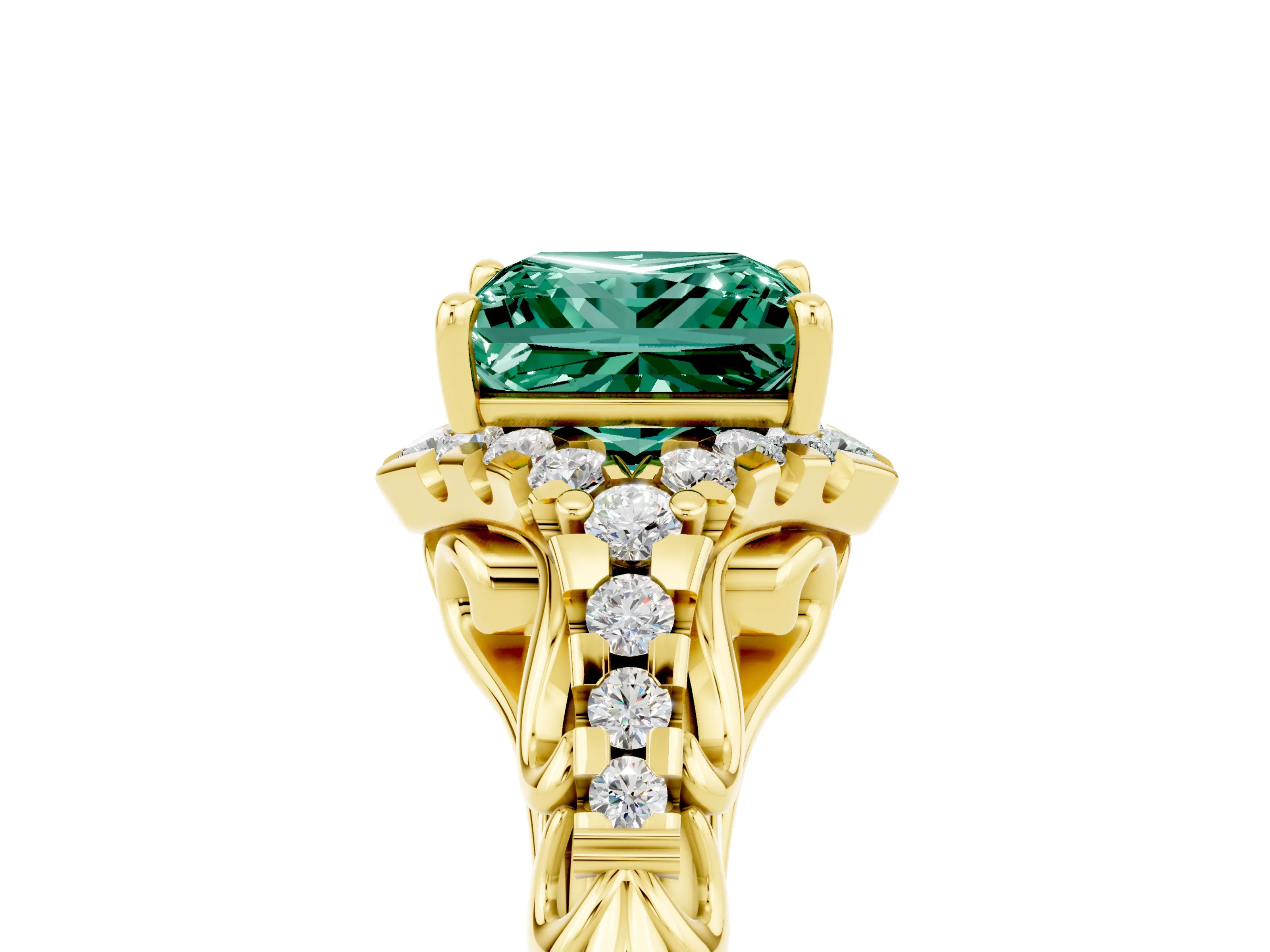 Yellow gold Princess Cut Green Sapphire Solitaire Ring with Hidden Halo and Pavé Band_17
