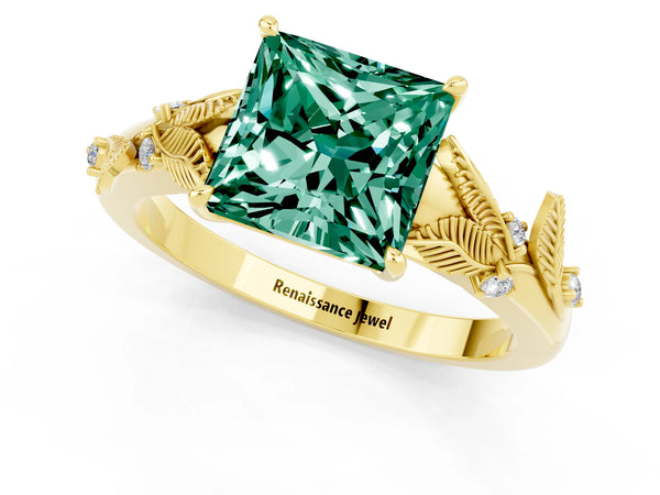 Yellow gold Princess Cut Green Sapphire Solitaire Ring with Leaf Motif Band and Four-Prong Setting
