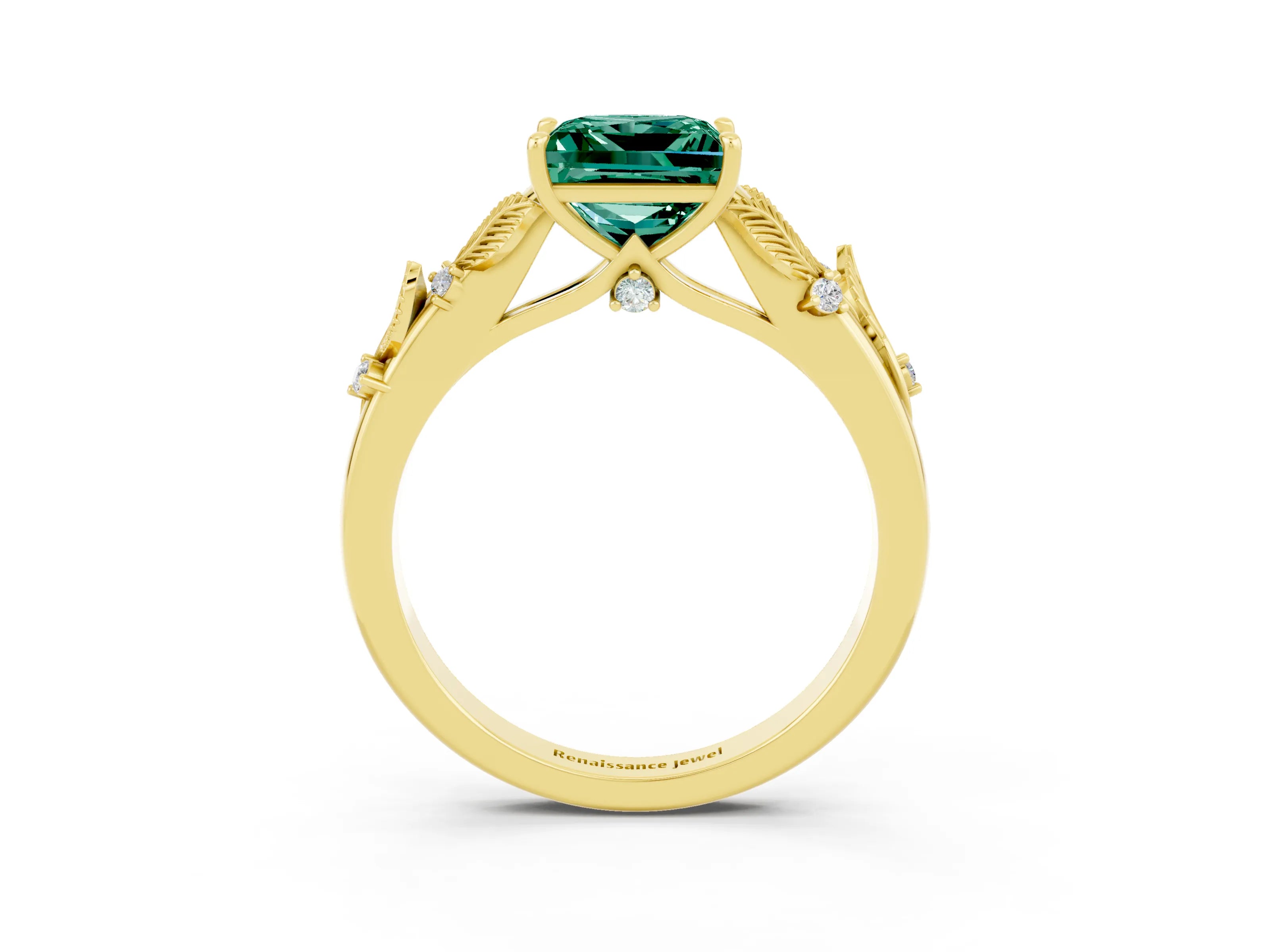 Yellow gold Princess Cut Green Sapphire Solitaire Ring with Leaf Motif Band and Four-Prong Setting_3