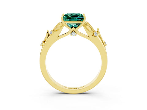 Yellow gold Princess Cut Green Sapphire Solitaire Ring with Leaf Motif Band and Four-Prong Setting_3