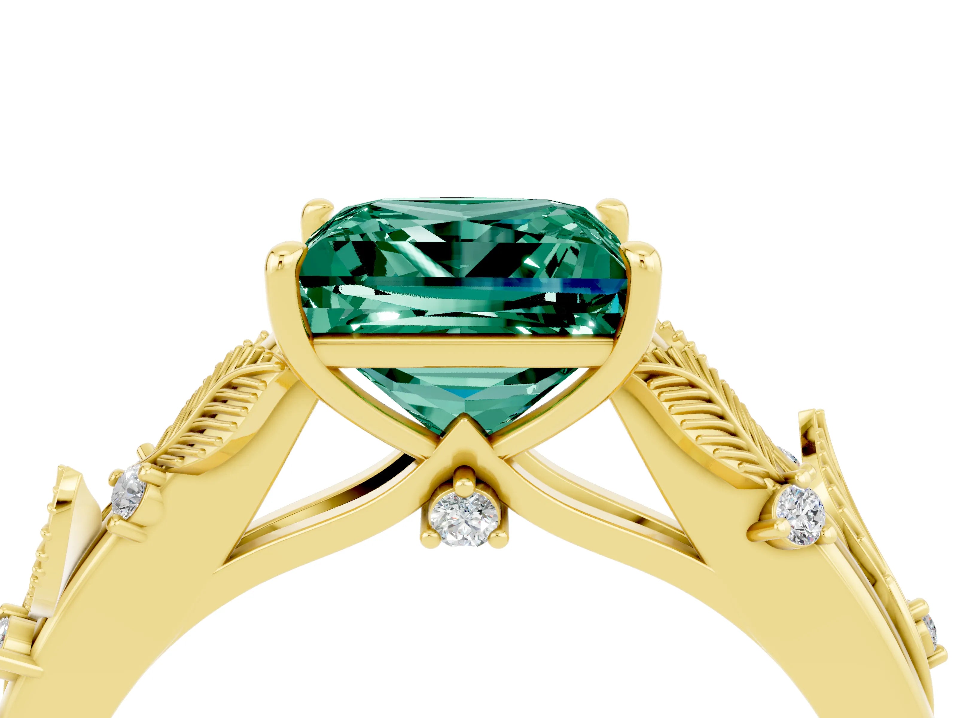 Yellow gold Princess Cut Green Sapphire Solitaire Ring with Leaf Motif Band and Four-Prong Setting_4
