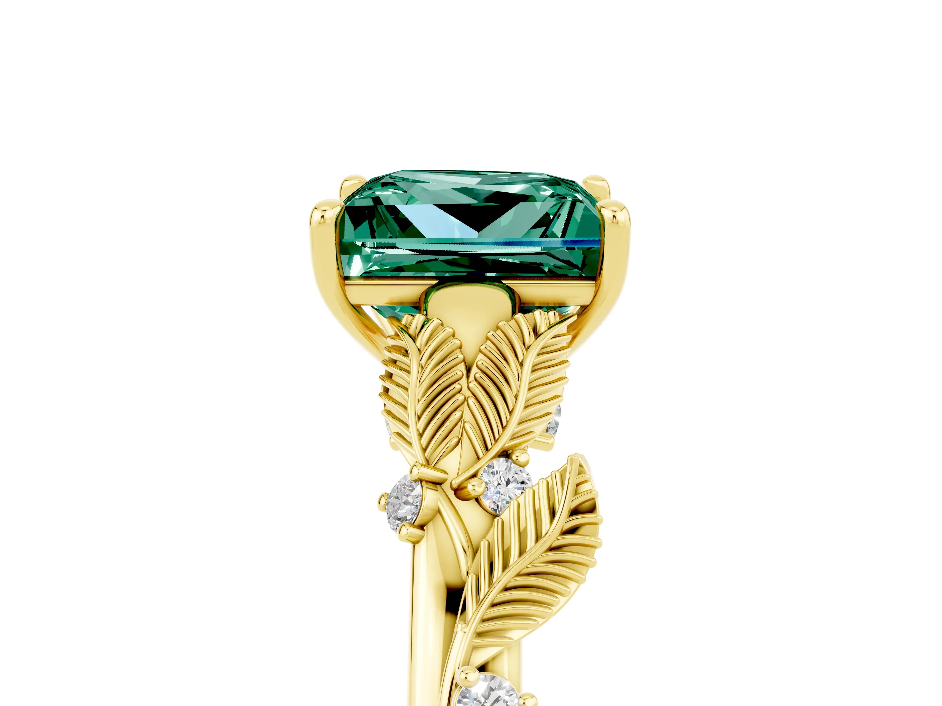 Yellow gold Princess Cut Green Sapphire Solitaire Ring with Leaf Motif Band and Four-Prong Setting_5