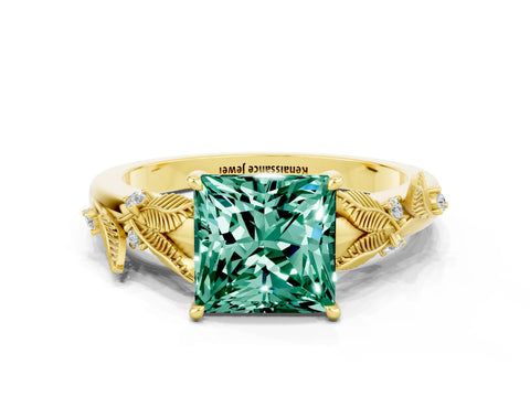 Yellow gold Princess Cut Green Sapphire Solitaire Ring with Leaf Motif Band and Four-Prong Setting