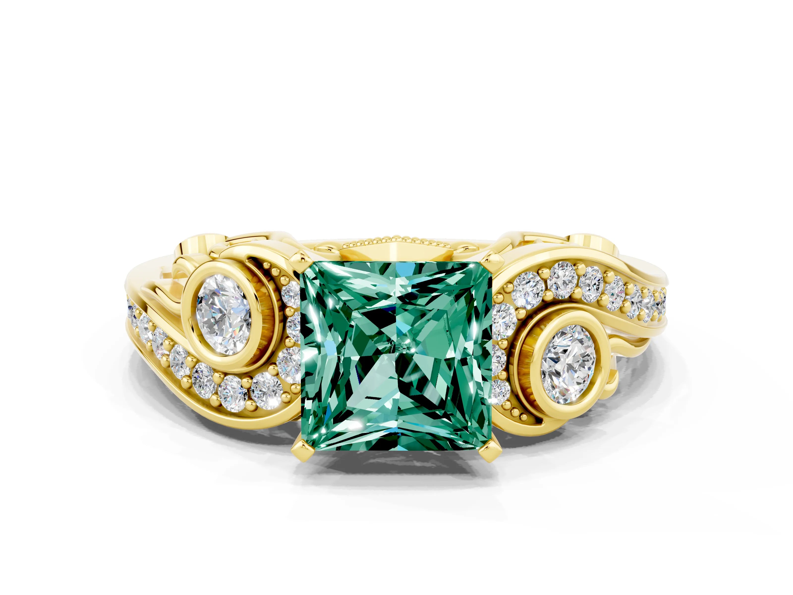 Yellow gold Princess Cut Green Sapphire Solitaire Ring with Milgrain Pavé Band and Four-Prong Setting_24