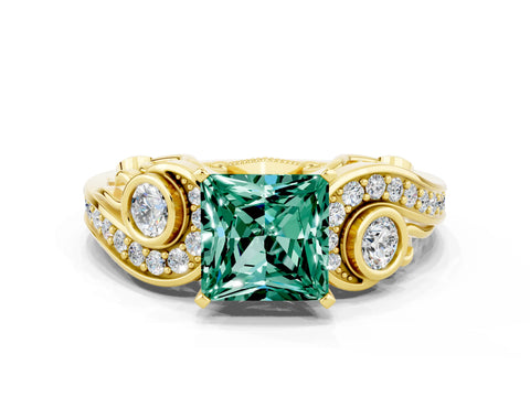 Yellow gold Princess Cut Green Sapphire Solitaire Ring with Milgrain Pavé Band and Four-Prong Setting_24