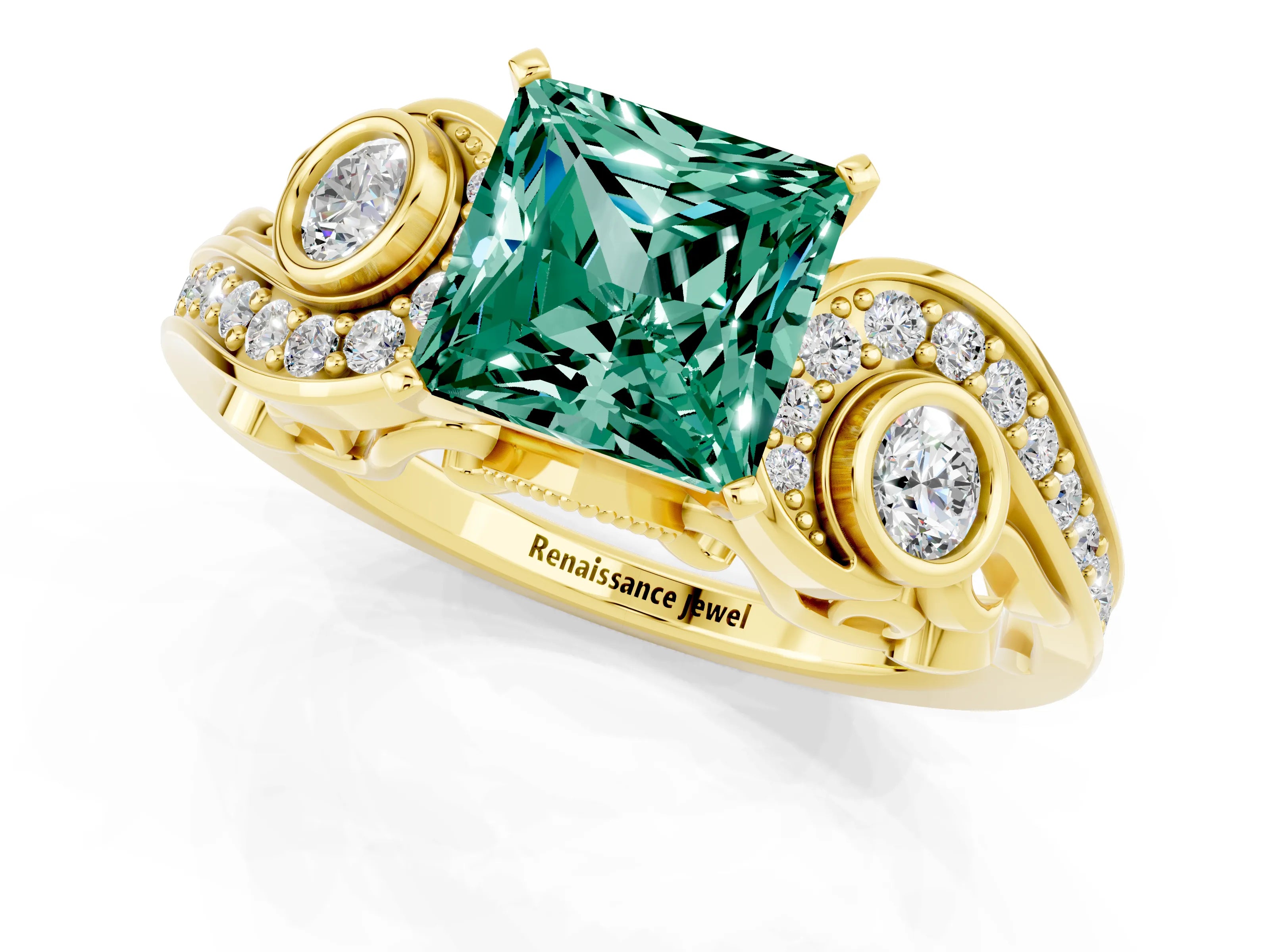 Yellow gold Princess Cut Green Sapphire Solitaire Ring with Milgrain Pavé Band and Four-Prong Setting_25