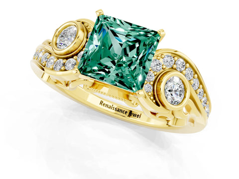 Yellow gold Princess Cut Green Sapphire Solitaire Ring with Milgrain Pavé Band and Four-Prong Setting_25
