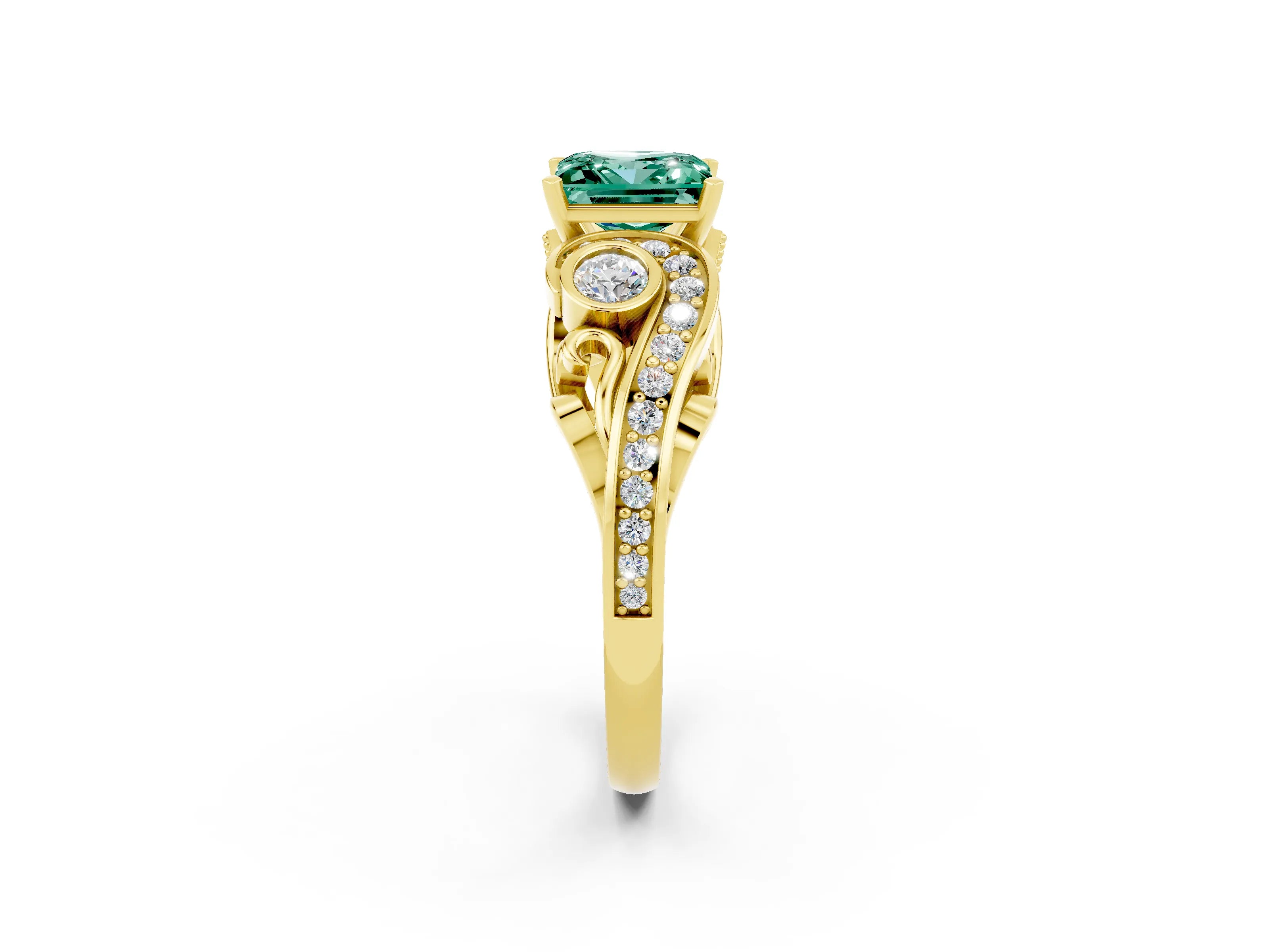 Yellow gold Princess Cut Green Sapphire Solitaire Ring with Milgrain Pavé Band and Four-Prong Setting_26