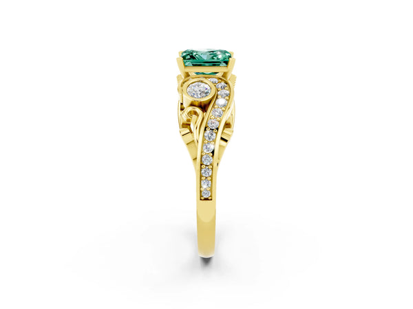 Yellow gold Princess Cut Green Sapphire Solitaire Ring with Milgrain Pavé Band and Four-Prong Setting