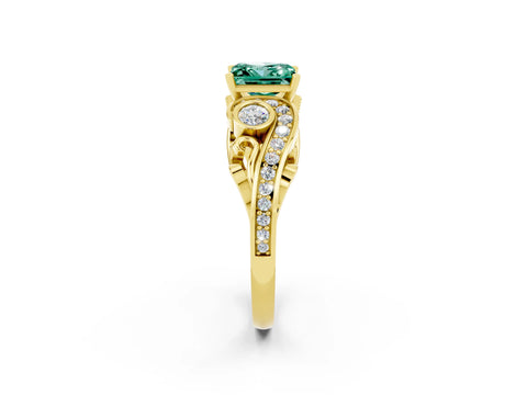 Yellow gold Princess Cut Green Sapphire Solitaire Ring with Milgrain Pavé Band and Four-Prong Setting_26