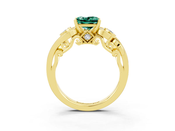 Yellow gold Princess Cut Green Sapphire Solitaire Ring with Milgrain Pavé Band and Four-Prong Setting
