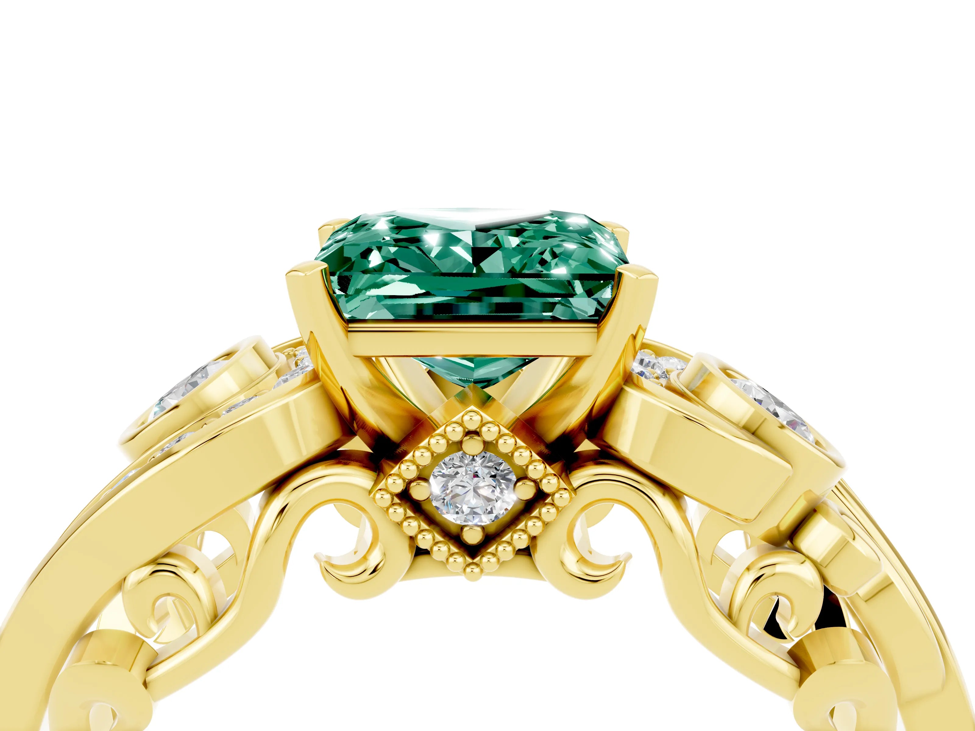 Yellow gold Princess Cut Green Sapphire Solitaire Ring with Milgrain Pavé Band and Four-Prong Setting_28