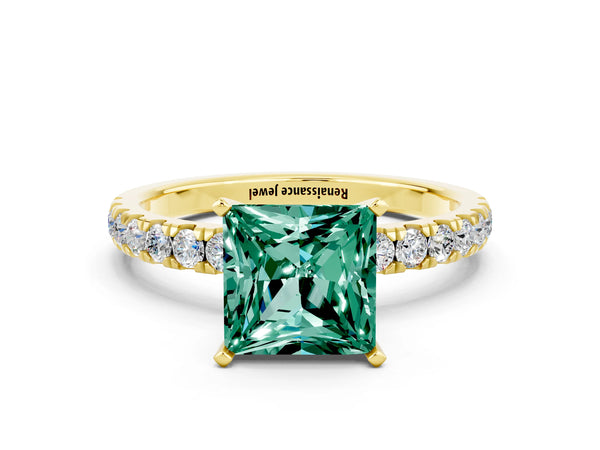 Yellow gold Princess Cut Green Sapphire Solitaire Ring with Pavé Accents and Four-Prong Setting