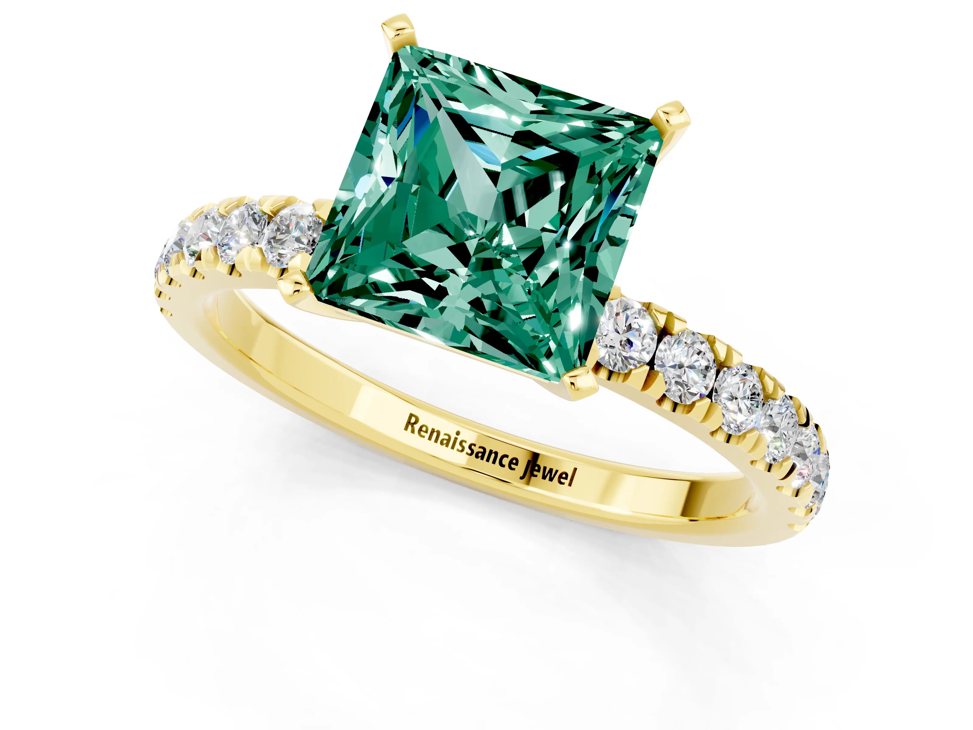 Yellow gold Princess Cut Green Sapphire Solitaire Ring with Pavé Accents and Four-Prong Setting_1