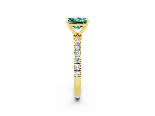 Yellow gold Princess Cut Green Sapphire Solitaire Ring with Pavé Accents and Four-Prong Setting