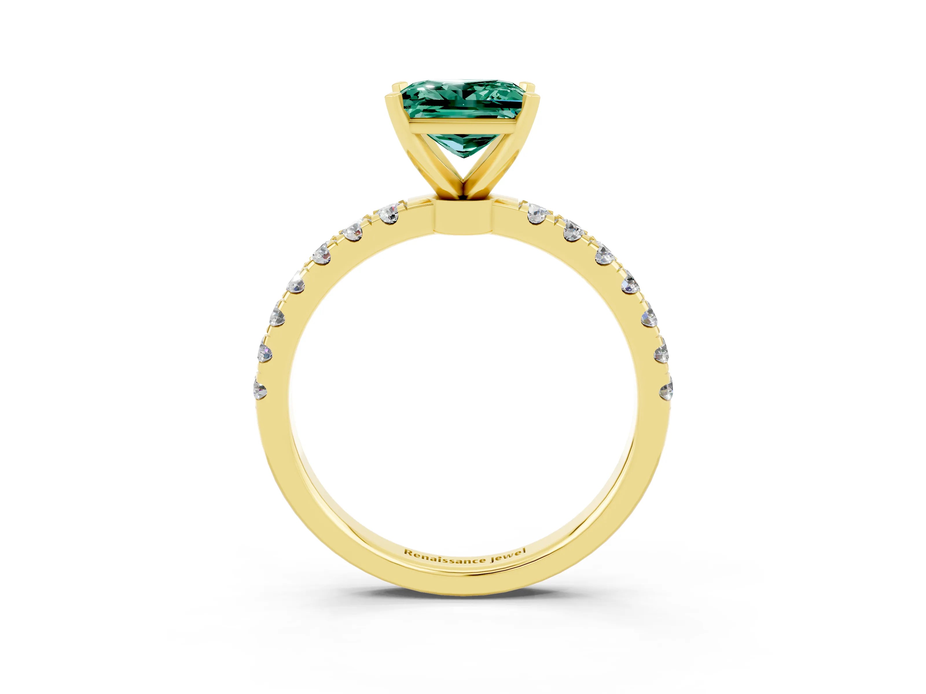 Yellow gold Princess Cut Green Sapphire Solitaire Ring with Pavé Accents and Four-Prong Setting_3