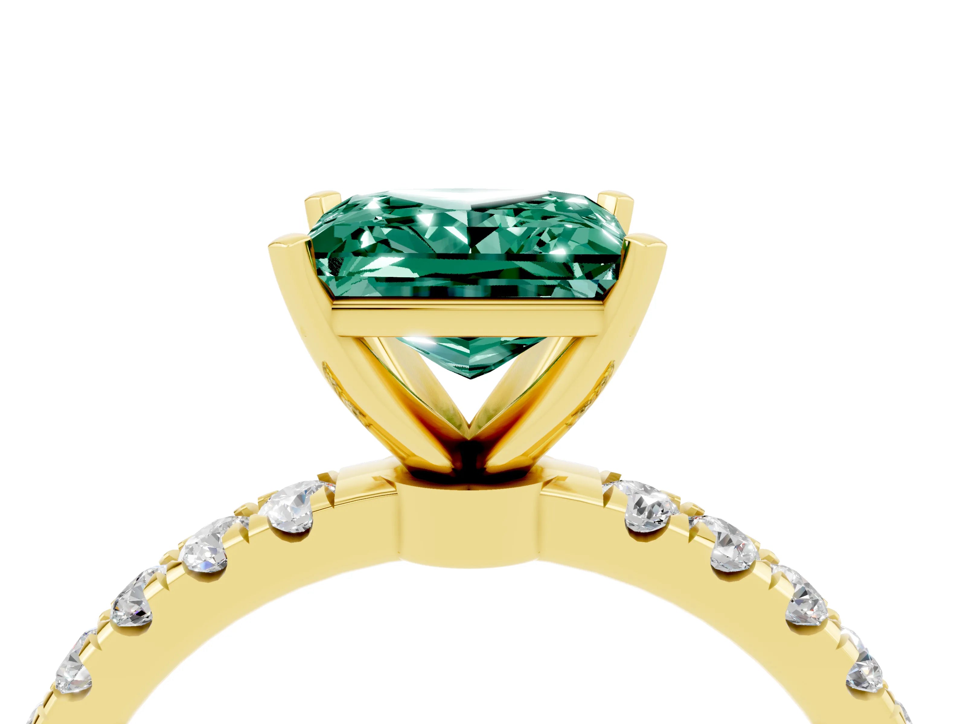 Yellow gold Princess Cut Green Sapphire Solitaire Ring with Pavé Accents and Four-Prong Setting_4