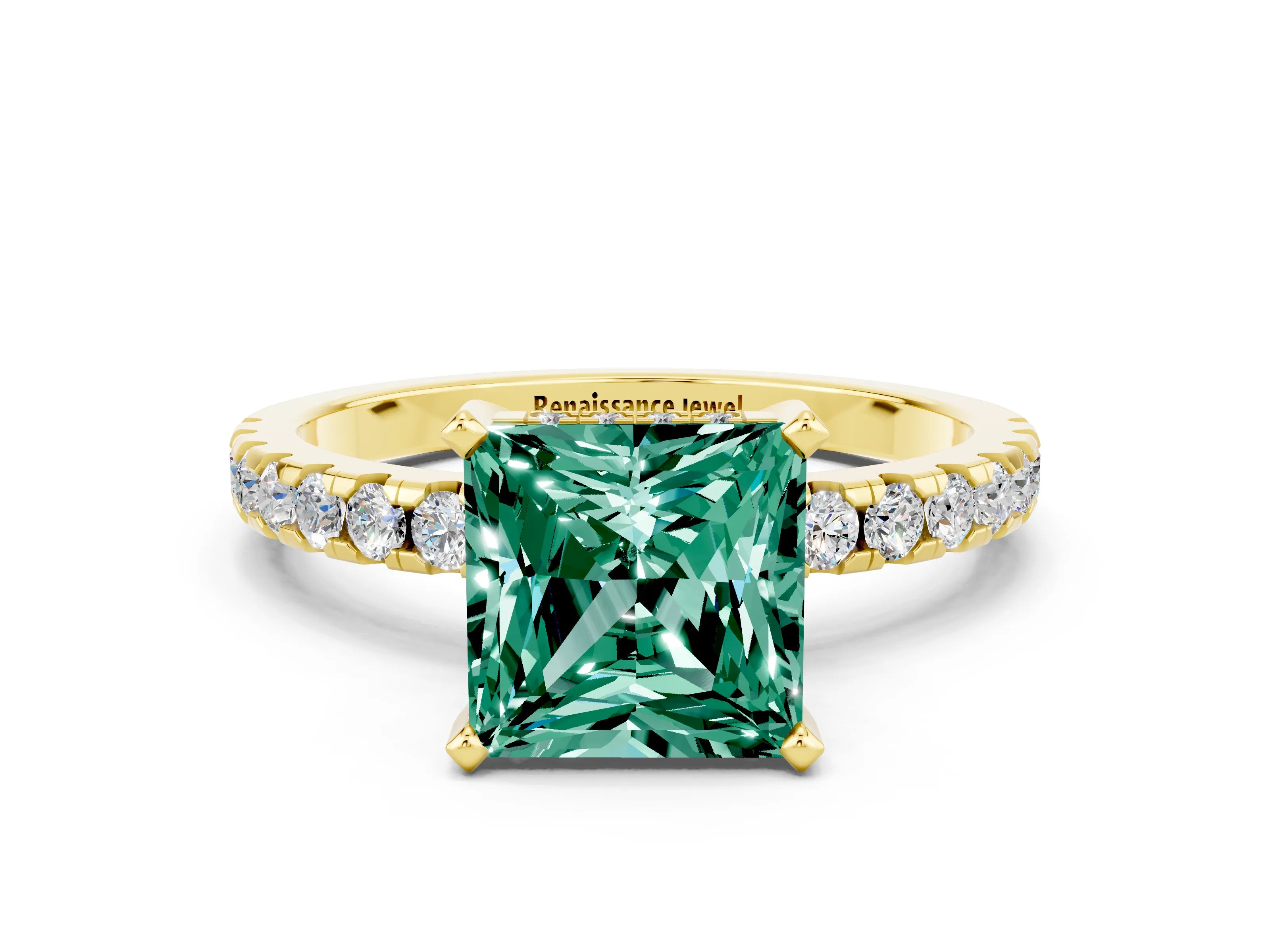 Yellow gold Princess Cut Green Sapphire Solitaire Ring with Pavé Band and Four-Prong Setting_24